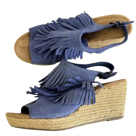 Minnetonka Ashley Espadrille Wedge Sandals Blue Leather Fringe Ankle Strap Sz 8 - Picture 5 of 5